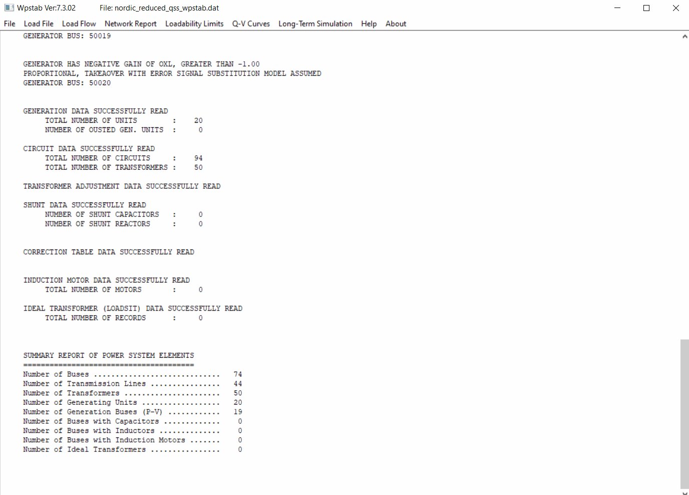 The WPSTAB main window, showing the menu bar and the network
                    report for a loaded case: 74 buses, 44 transmission lines,
                    50 transformers and 20 generating units.